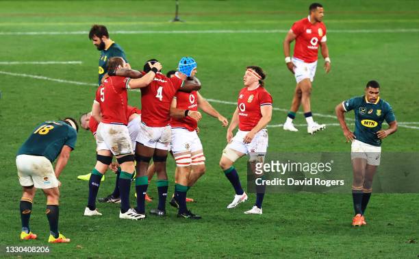 The British & Irish Lions players celebrate victory following the 1st Test between South Africa & British & Irish Lions at Cape Town Stadium on July...