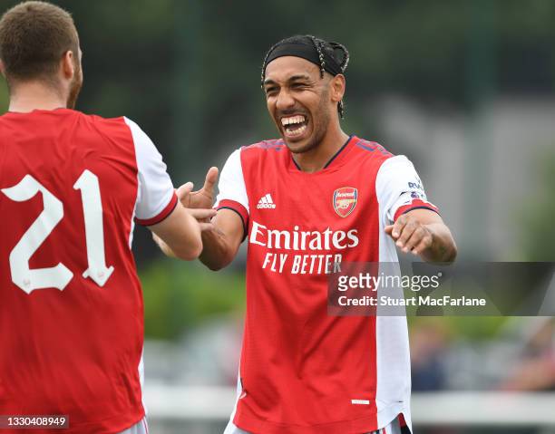 Pierre-Emerick Aubameyang celebrates the 1st Arsenal goal, scored by Calum Chambers during a pre season friendly between Arsenal and Millwall at...