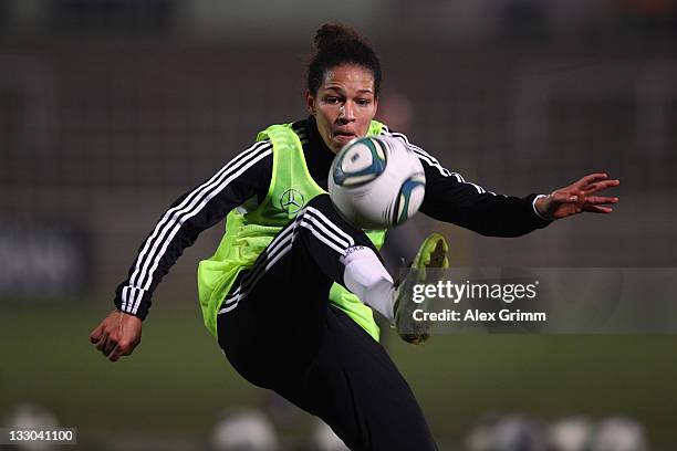 Celia Okoyino da Mbabi controles the ball during the Germany training session at Helmut-Schoen-Sportpark on November 16, 2011 in Wiesbaden, Germany.