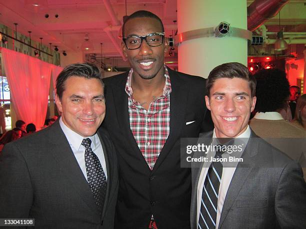 Celebrity Chef Todd English, NBA player Amar'e Stoudemire and Oliver English attend the Gotham Magazine Men's Issue cover party at Land Rover of...