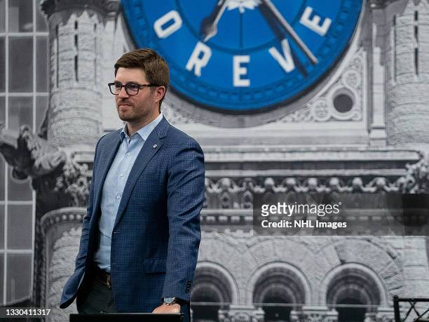 General Manager Kyle Dubas of the Toronto Maple Leafs attends rounds 2-7 of the 2021 NHL Entry Draft at OVO Athletic Centre on July 24, 2021 in...