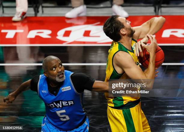 Cuttino Mobley of Power fouls Spencer Hawes of Ball Hogs during week three of the BIG3 at the Orleans Arena on July 24, 2021 in Las Vegas, Nevada.