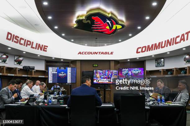 General Manager Bill Guerin of the Minnesota Wild and his draft team attend rounds 2-7 of the 2021 NHL Entry Draft at TRIA Rink on July 24, 2021 in...