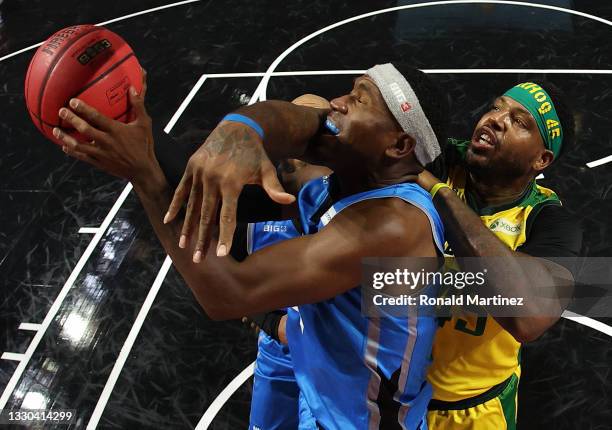 Derrick Byars of Power goes up for a shot against Will McDonald of Ball Hogs during week three of the BIG3 at the Orleans Arena on July 24, 2021 in...