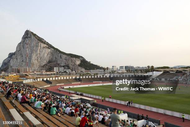 General view inside the stadium where the Rock of Gibraltar is seen during the Pre-Season Friendly match between Real Betis and Wolverhampton...