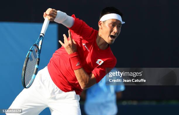 Yuichi Sugita of Japan during day one of the Tokyo 2020 Olympic Games at Ariake Tennis Park on July 24, 2021 in Tokyo, Japan.