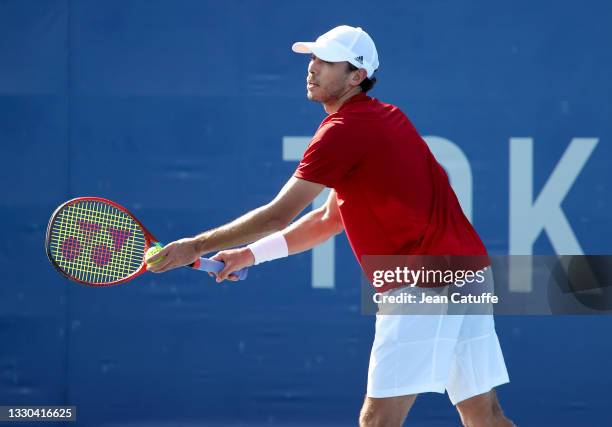 Ben McLachlan of Japan during day one of the Tokyo 2020 Olympic Games at Ariake Tennis Park on July 24, 2021 in Tokyo, Japan.