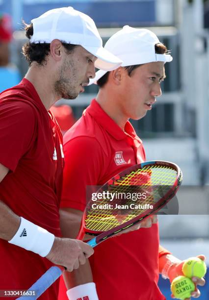 Kei Nishikori and Ben McLachlan of Japan during day one of the Tokyo 2020 Olympic Games at Ariake Tennis Park on July 24, 2021 in Tokyo, Japan.