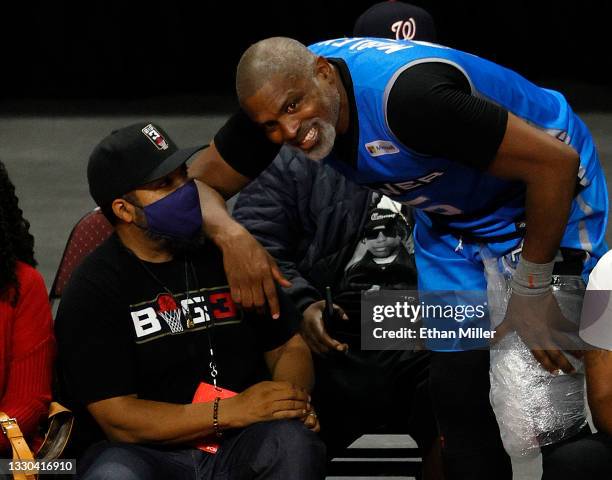 Cuttino Mobley of Power talks with BIG3 Co-Founder Ice Cube after a game against Ball Hogs during week three of the BIG3 at the Orleans Arena on July...