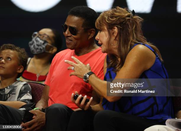 Head coach Nancy Lieberman of Power talks with singer Jackie Jackson during week three of the BIG3 at the Orleans Arena on July 24, 2021 in Las...