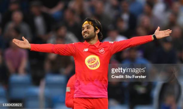 Welsh Fire bowler Qais Ahmad celebrates after taking the wicket of John Simpson during The Hundred match between Northern Superchargers Men and Welsh...