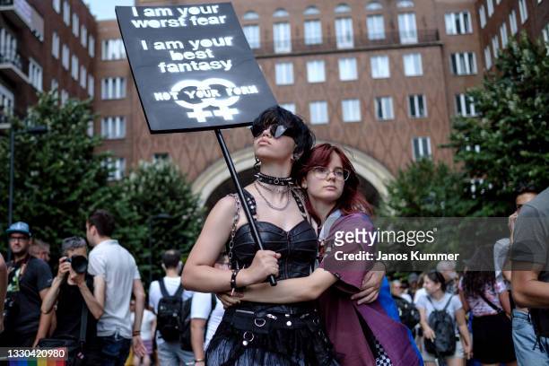 Demonstrators march during the annual Pride parade on July 24, 2021 in Budapest, Hungary. Pride organisers say that the march is as much a rally in...