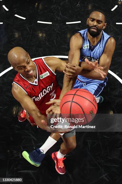 Alan Anderson of Triplets goes up for a shot against Jarrett Jack of Trilogy during week three of the BIG3 at the Orleans Arena on July 24, 2021 in...