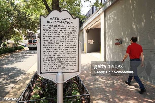 Historical marker stands outside the parking garage underneath the Oakhill Office Building, where Washington Post reporter Bob Woodward would meet...