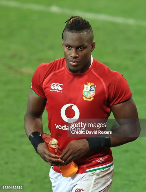 Maro Itoje of the British & Irish Lions, who was announced as man of the match looks on during the 1st Test match between the South Africa Springboks...