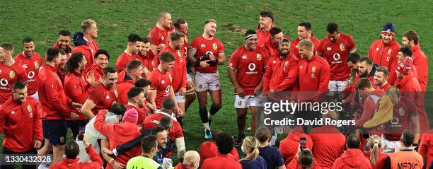 The British & Irish Lions celebrates their victory during the 1st Test match between the South Africa Springboks and the British & Irish Lions at...