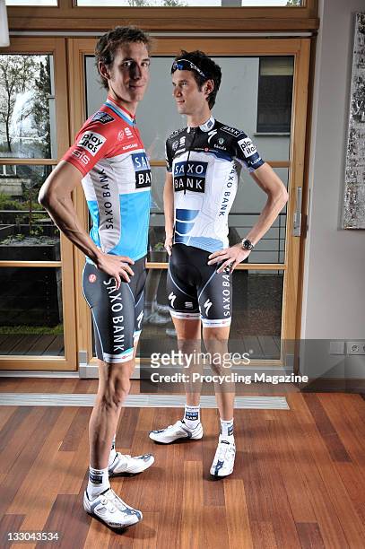 Pro-cycling brothers Andy and Frank Schleck posing at their home in Rue de Vigne, Mondorf le Bains, Luxembourg, June 6, 2010.