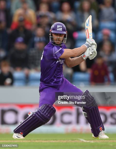 Superchargers batsman Chris Lynn hits out during The Hundred match between Northern Superchargers Men and Welsh Fire Men at Emerald Headingley...