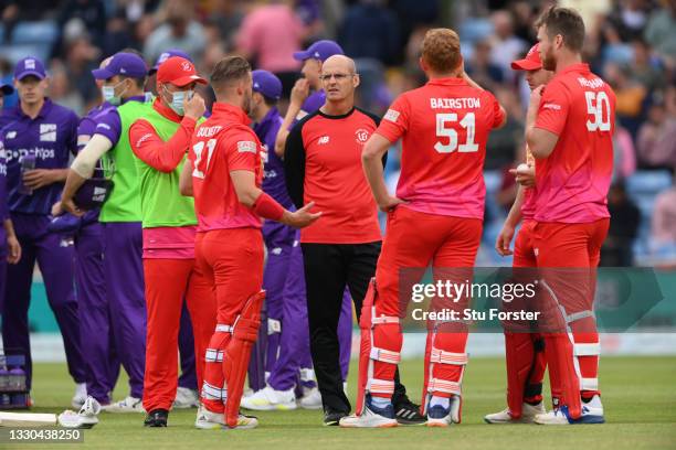 Welsh fire head coach Gary Kirsten with his batters during The Hundred match between Northern Superchargers Men and Welsh Fire Men at Emerald...