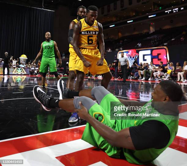 Franklin Session of Killer 3's reacts after a dunk against Jason Maxiell of Aliens during week three of the BIG3 at the Orleans Arena on July 24,...