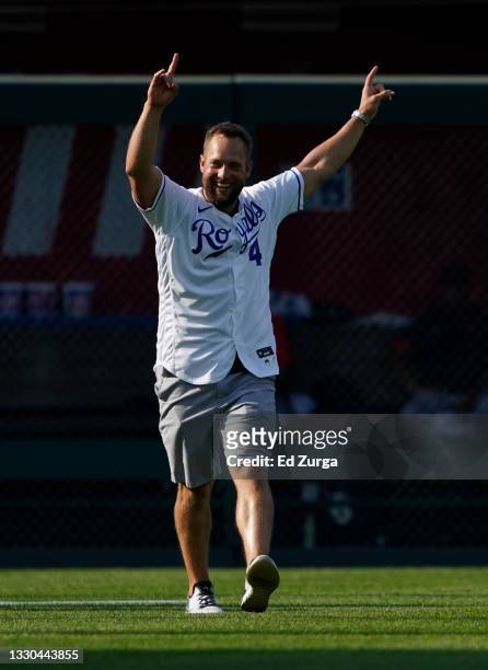 Former Kansas City Royals Alex Gordon reacts after throwing out the first pitch prior to a game against the Detroit Tigers at Kauffman Stadium on...
