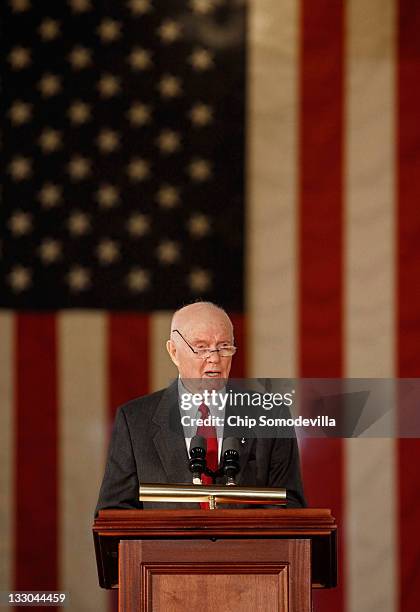 Astronaut and former U.S. Senator John Glenn delivers remarks after being presented with the Congressional Gold Medal during a ceremony in the...