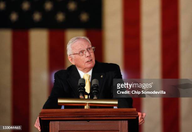 Astronaut Neil Armstrong delivers remarks after being presented with the Congressional Gold Medal during a ceremony in the Rotunda of the U.S....