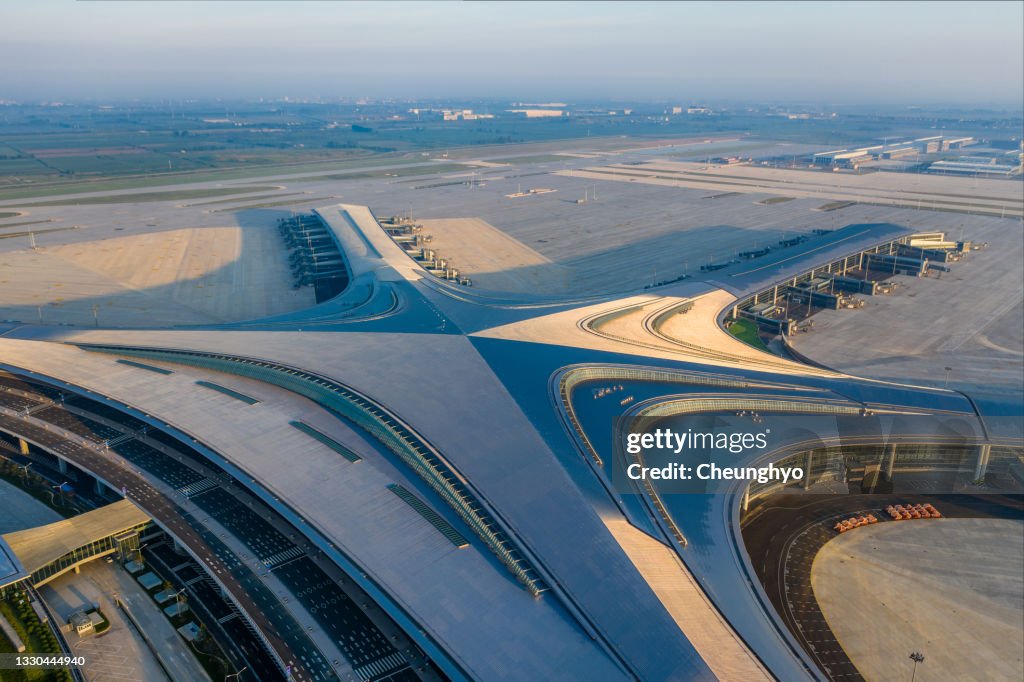 Drone Aerial View of Qingdao Jiaodong International Airport in the Morning