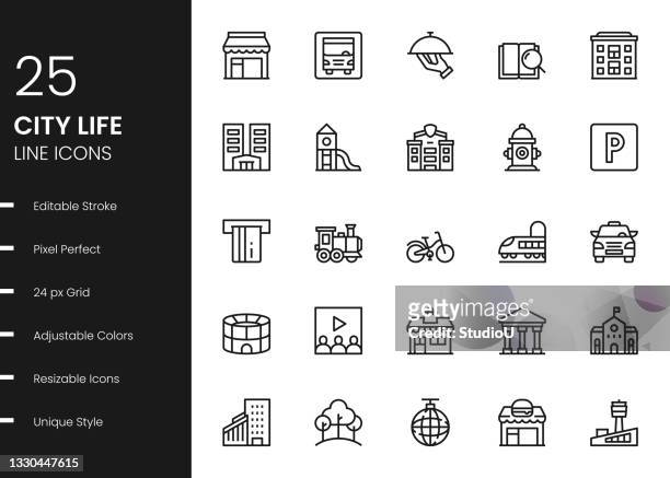 city life line icons - bus station stock illustrations