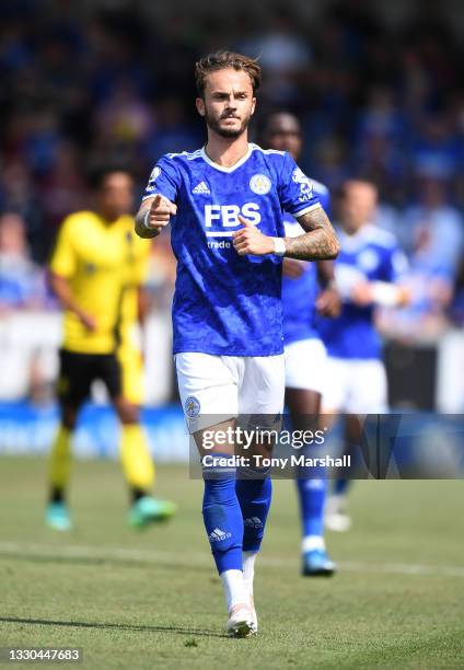 James Maddison of Leicester City during the Pre-Season Friendly match between Burton Albion and Leicester City at Pirelli Stadium on July 24, 2021 in...