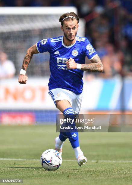 James Maddison of Leicester City during the Pre-Season Friendly match between Burton Albion and Leicester City at Pirelli Stadium on July 24, 2021 in...