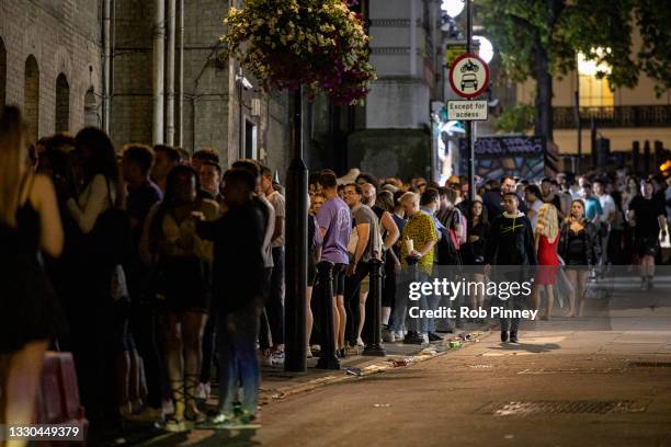 Long queue of club-goers waiting to get in to Heaven nightclub on July 24, 2021 in London, England. On Monday, July 19th the remaining Coronavirus...