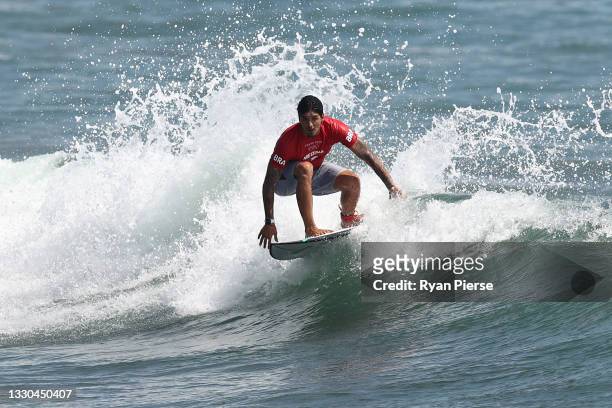 Gabriel Medina of Team Brazil surfs during the Men's Round 1 heat on day two of the Tokyo 2020 Olympic Games at Tsurigasaki Surfing Beach on July 25,...