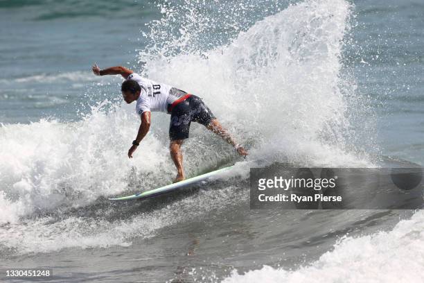 Michel Bourez of Team France surfs during the Men's Round 1 heat on day two of the Tokyo 2020 Olympic Games at Tsurigasaki Surfing Beach on July 25,...