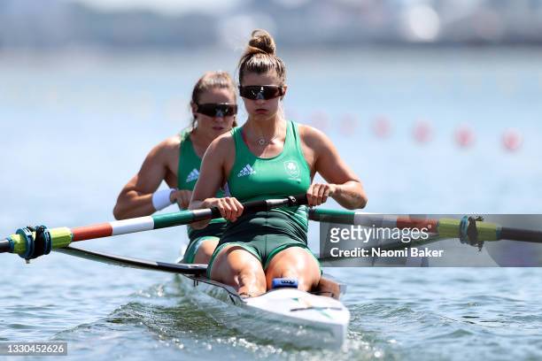 Aileen Crowley and Monika Dukarska of Team Ireland compete during the Women's Pair Repechage 1 on day two of the Tokyo 2020 Olympic Games at Sea...