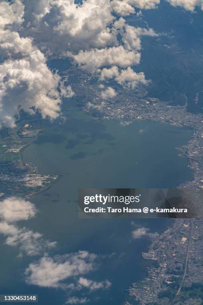 summer clouds over lake biwa shiga of japan aerial view from airplane - omi stock pictures, royalty-free photos & images