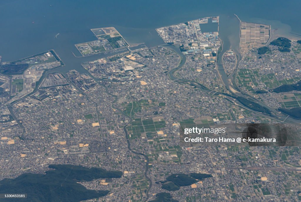 Himeji city in Hyogo of Japan aerial view from airplane