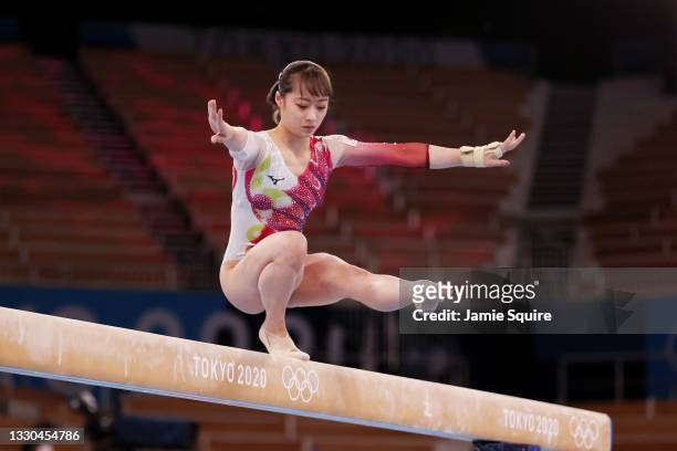 Yuna Hiraiwa of Team Japan competes on balance beam during Women's Qualification on day two of the Tokyo 2020 Olympic Games at Ariake Gymnastics...