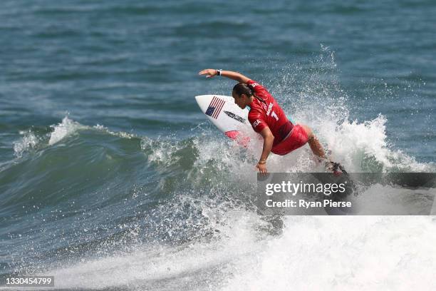 Carissa Moore of Team United States surfs during the during the Women's Round 1 heat on day two of the Tokyo 2020 Olympic Games at Tsurigasaki...