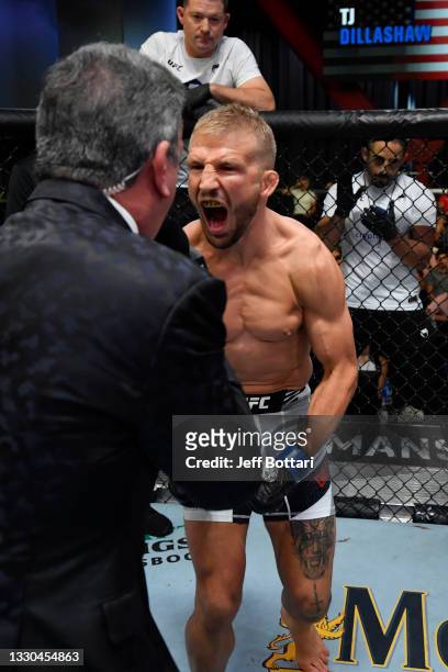 Dillashaw prepares to fight Corey Sandhagen in their bantamweight fight during the UFC Fight Night event at UFC APEX on July 24, 2021 in Las Vegas,...