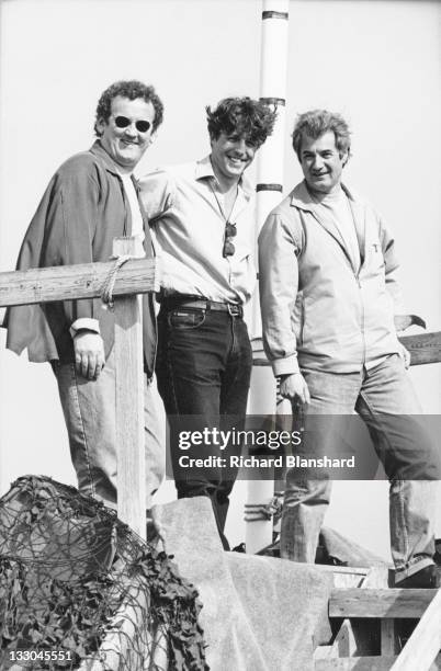 From left to right, actors Colm Meaney and Hugh Grant and director Christopher Monger publicise their film 'The Englishman Who Went Up a Hill But...