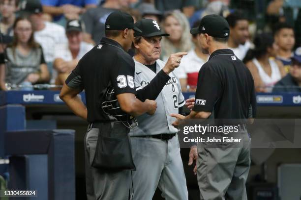 Tony La Russa of the Chicago White Sox argues a call with umpires in the fifth inning against the Milwaukee Brewers at American Family Field on July...