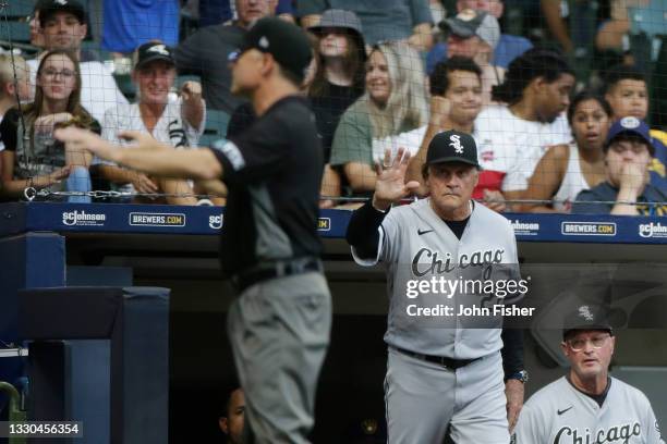 Tony La Russa of the Chicago White Sox comes out of the dugout to react on an instant replay that showed Yoan Moncada did not touch home plate in the...