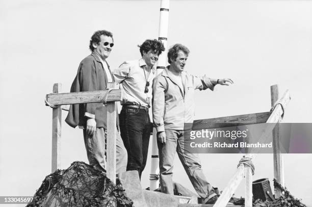 From left to right, actors Colm Meaney and Hugh Grant and director Christopher Monger publicise their film 'The Englishman Who Went Up a Hill But...