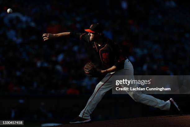 Kevin Gausman of the San Francisco Giants pitches in the top of the first inning against the Pittsburgh Pirates at Oracle Park on July 24, 2021 in...