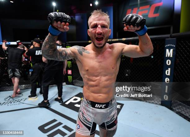 Dillashaw reacts after his split-decision victory over Corey Sandhagen in their bantamweight fight during the UFC Fight Night event at UFC APEX on...