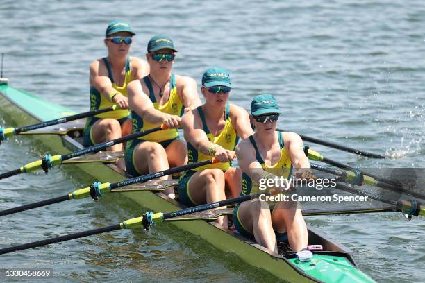 Ria Thompson, Rowena Meredith, Harriet Hudson and Caitlin Cronin of Team Australia compete during the Women's Quadruple Sculls Repechage 1 on day two...