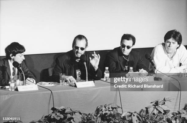 From left to right, American writer, actor and director Harmony Korine, director Larry Clark, producer Cary Woods and another crew member promote...