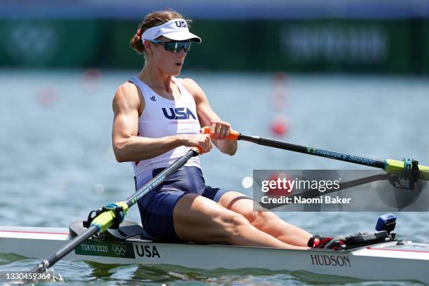 Kara Kohler of Team United States competes during the Women's Single Sculls Quarterfinal 1 on day two of the Tokyo 2020 Olympic Games at Sea Forest...