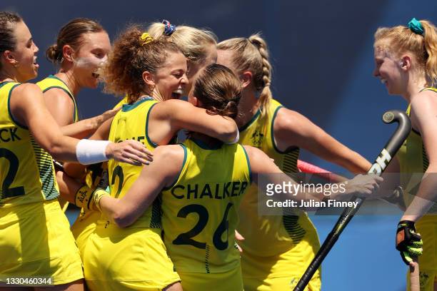 Ambrosia Malone of Team Australia congratulates Emily Chalker after Chalker scored a goal during the Women's Pool B match against Team Spain on day...